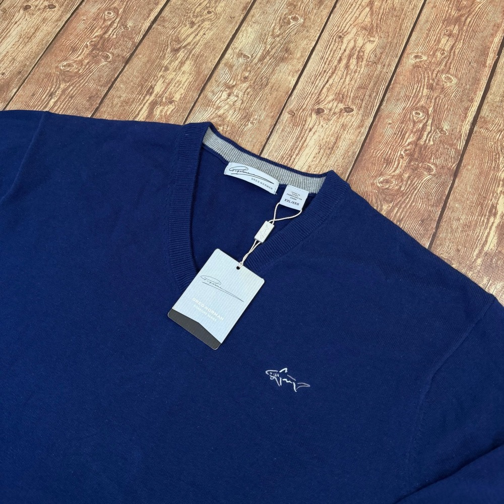 Greg Norman Natural Performance Sweater Mens XXL 2XL Blue V Neck Cotton NWT